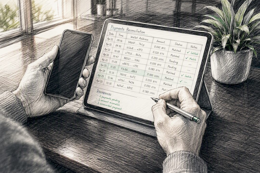 Hands reconciling payments with ledger and smartphone