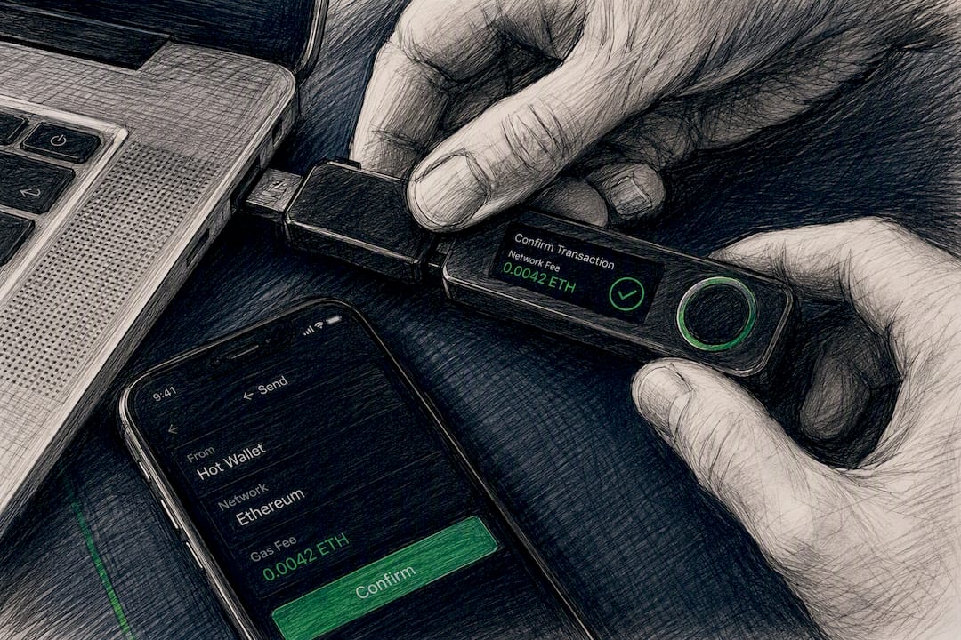 Hands connecting hardware wallet device on desk