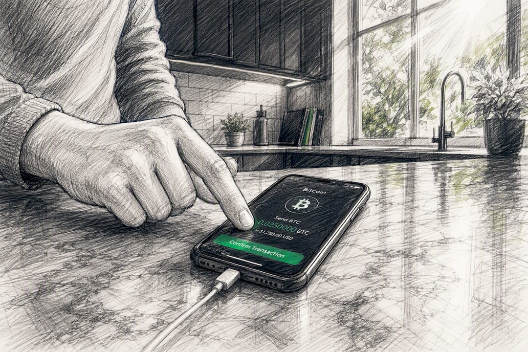 Hand submitting Ethereum transaction on smartphone