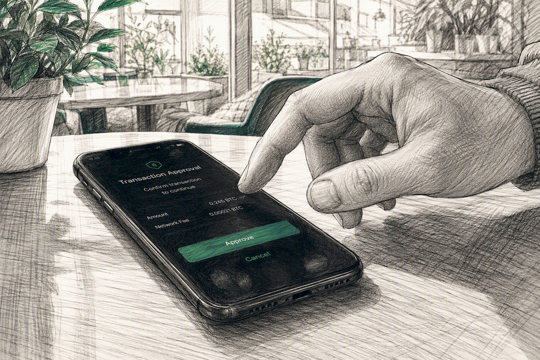 Hand about to approve crypto transaction on smartphone