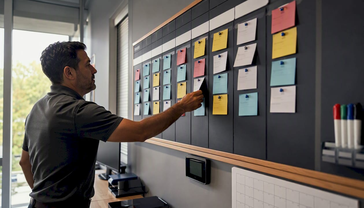 Hand moving card on kanban dispatch board