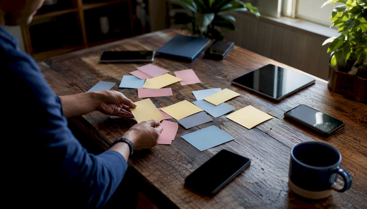 Hands sorting review cards on table
