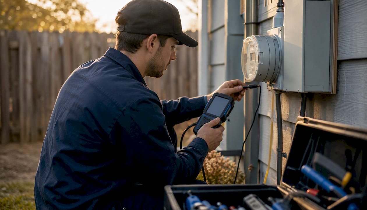 Technician using diagnostic tool at home exterior