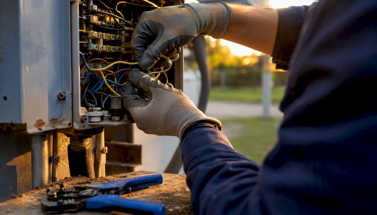 Hands wiring electrical junction box outdoors