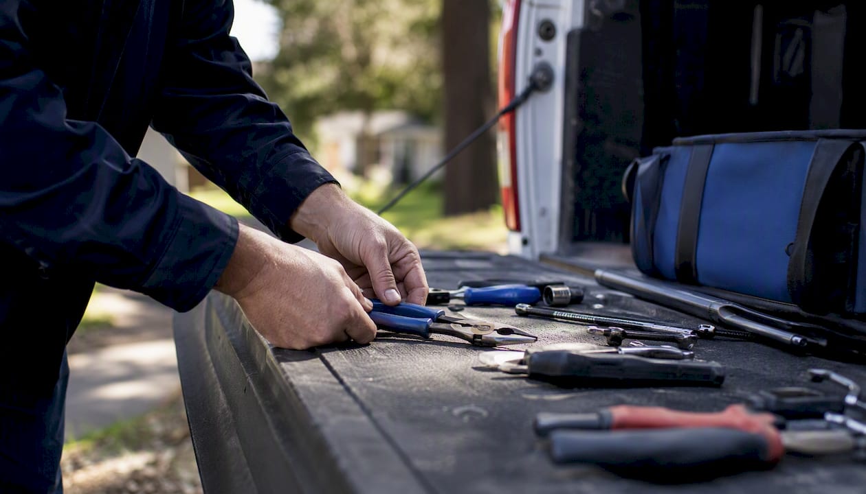 Hands organizing tools on work truck bed