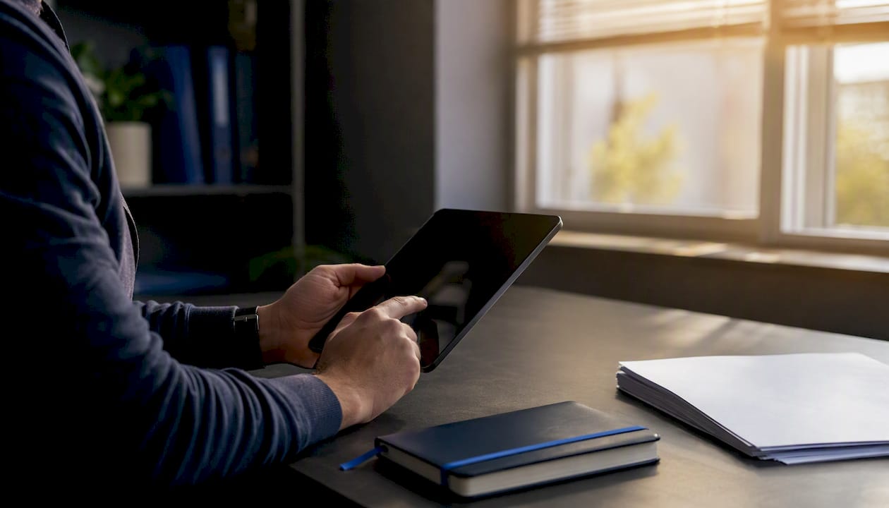 Hands using tablet at home service office desk