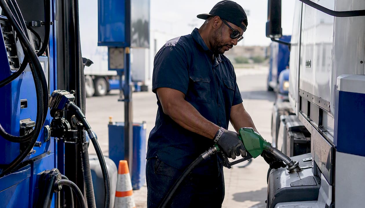 Technician refueling fleet truck at station