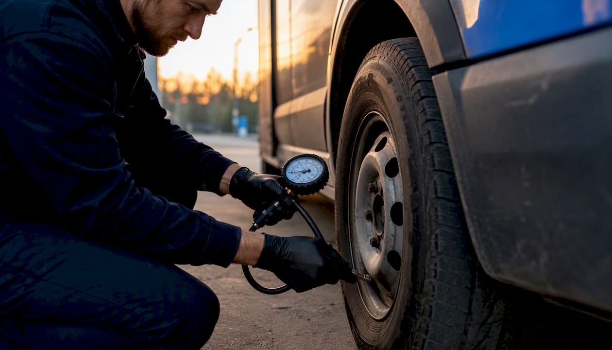 Hands checking tire pressure on fleet van