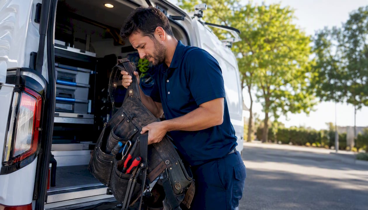 Technician unloading tools from truck bed