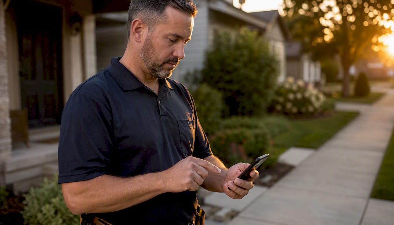 Technician sending Google review request on phone