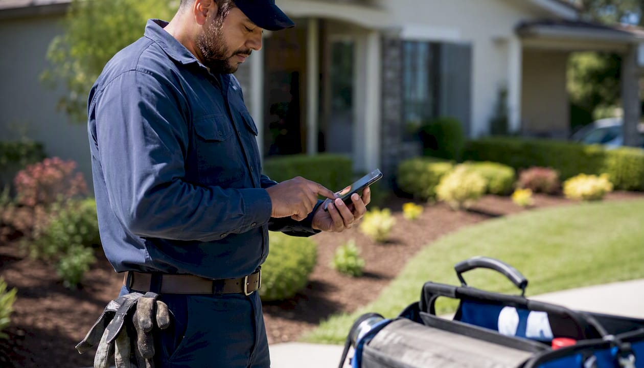 Technician sending payment SMS outdoors