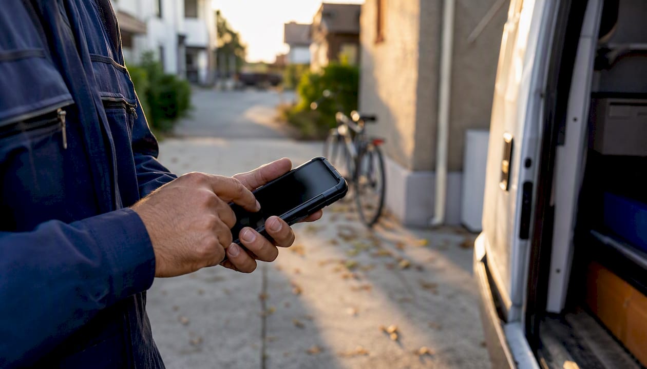 Technician using handheld device to log failure reason