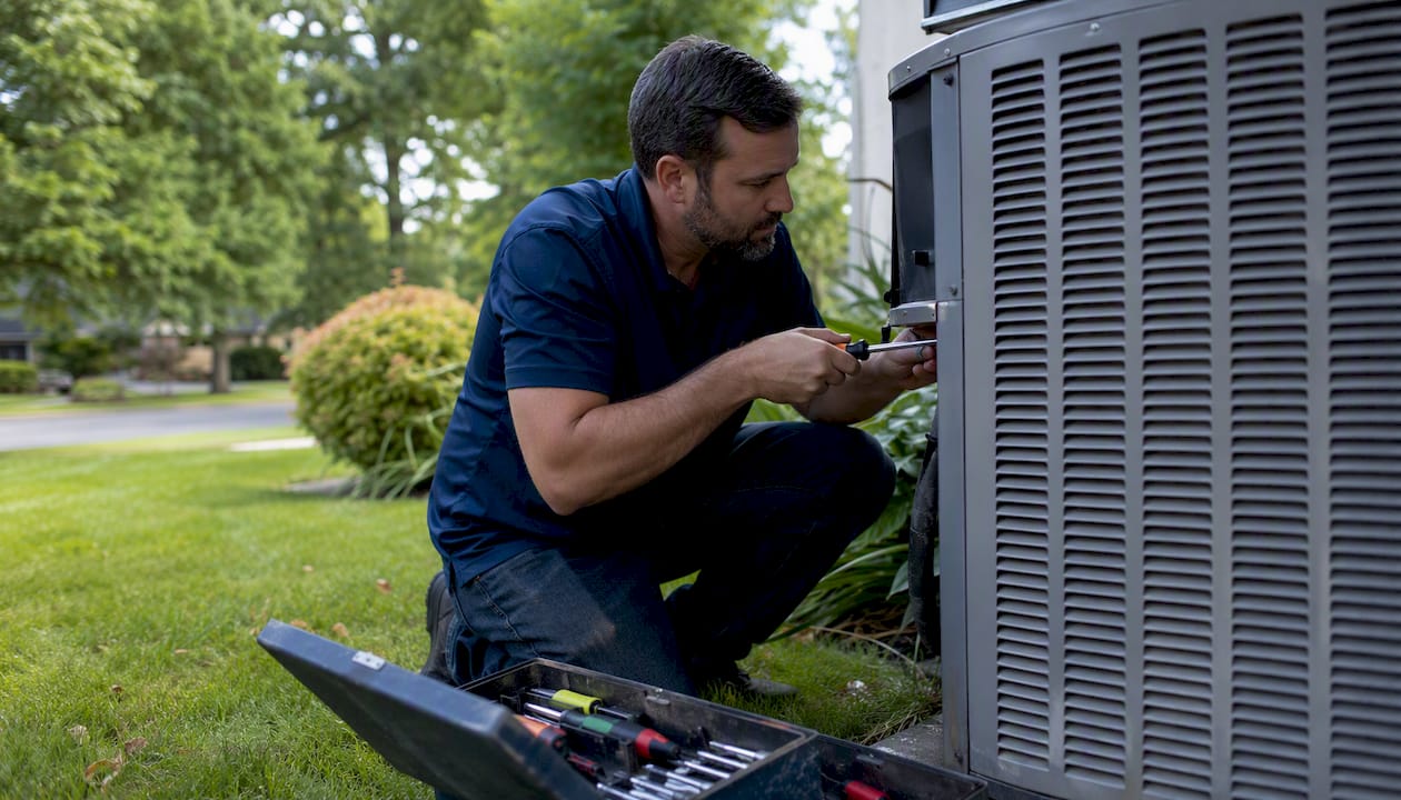 Technician repairing HVAC unit outdoors