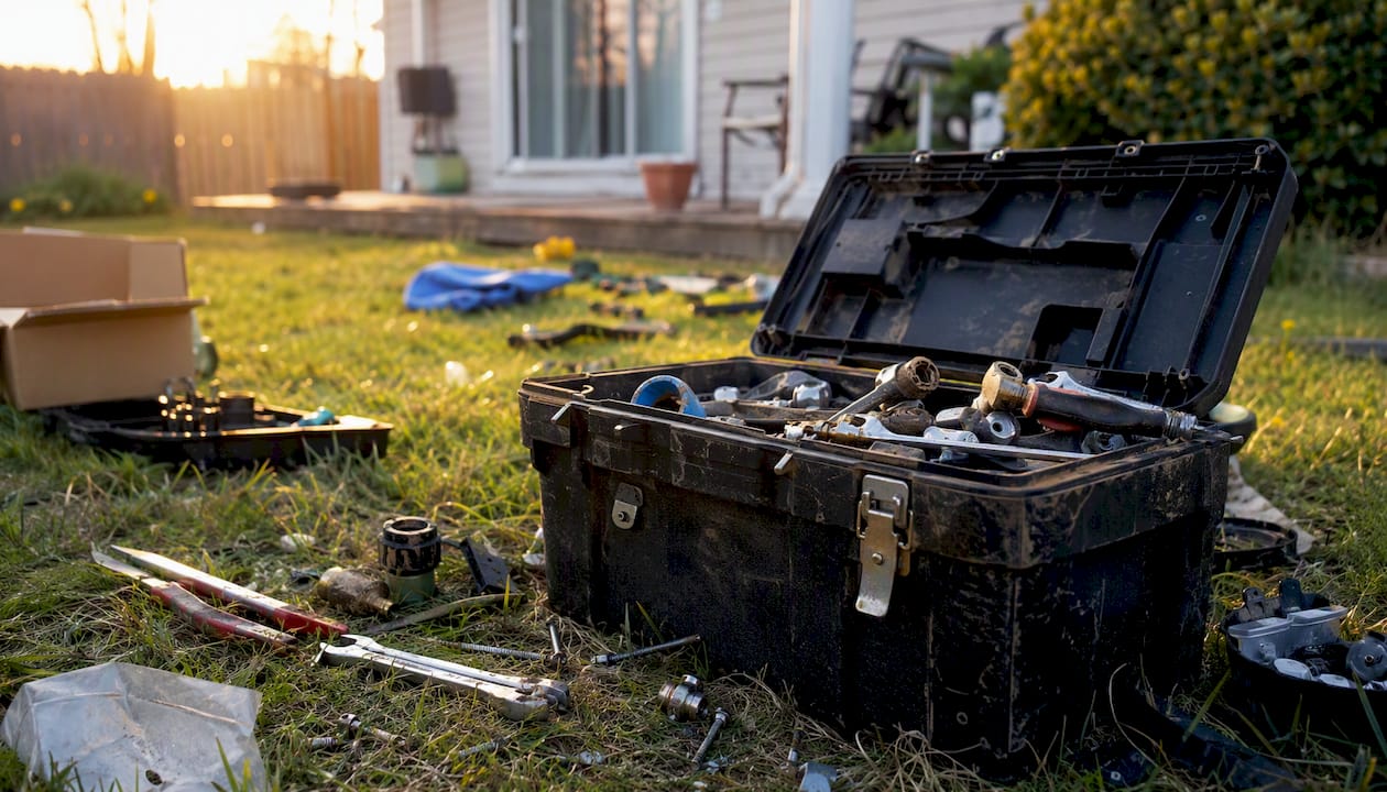 Open toolbox with assorted tools and parts scattered