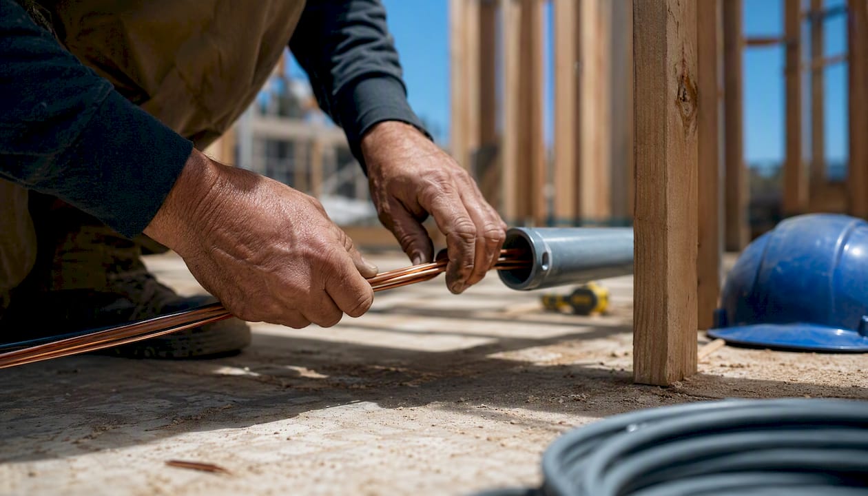 Hands pulling electrical wire through conduit