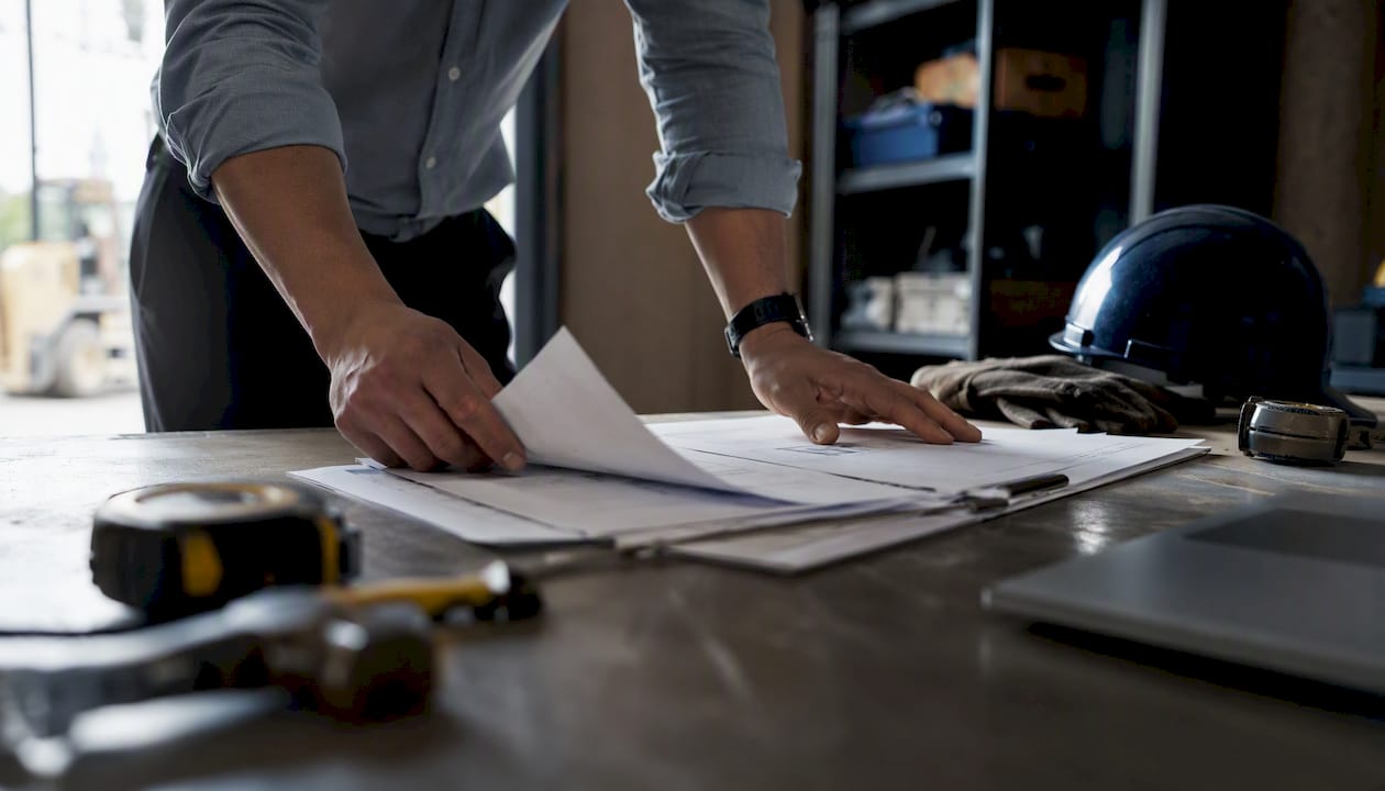 Hands adjusting budget documents on site table