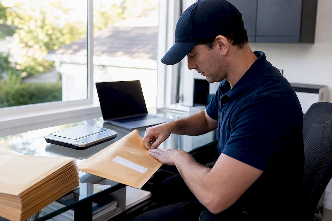 Technician sealing envelope for dunning mail