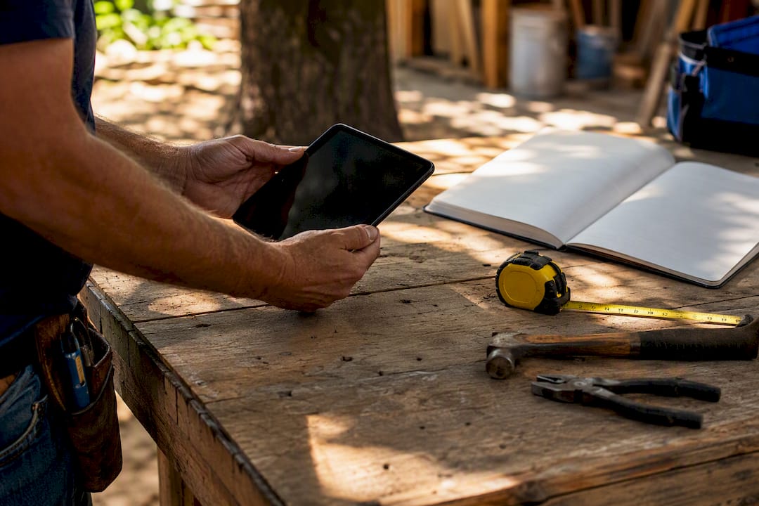 Contractor workspace with tablet and tools
