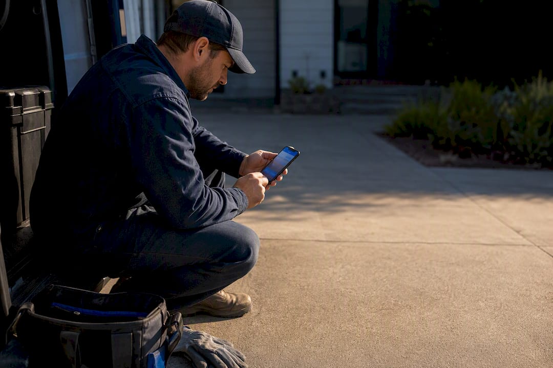 Technician recording job hours at service site