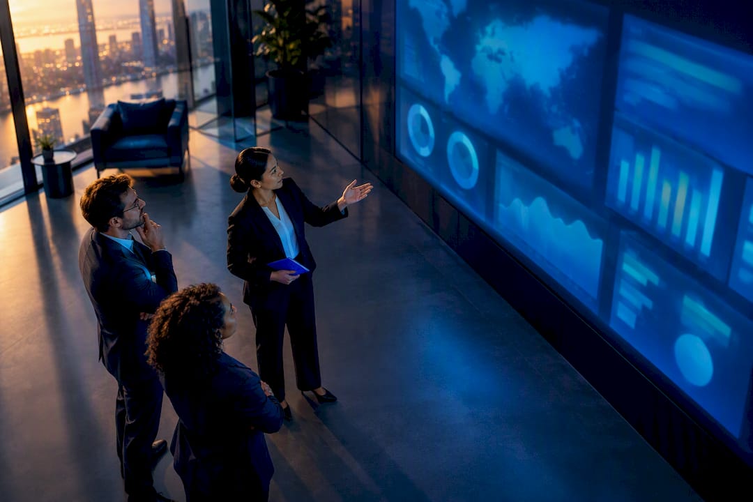 Franchise leaders reviewing operations dashboard