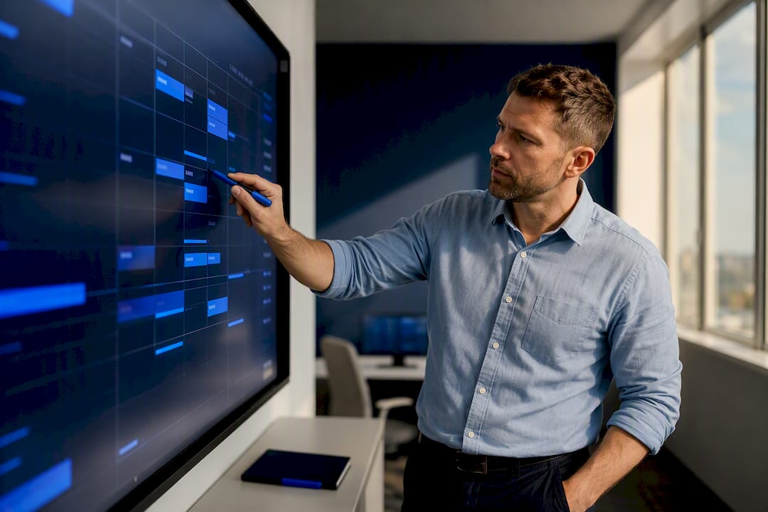 Coordinator reviewing home service scheduling analytics