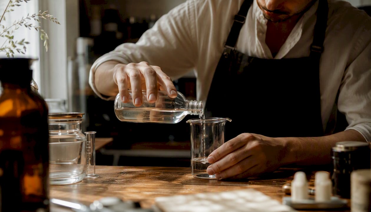 Un artigiano versa con cura un liquido in un becher di vetro.