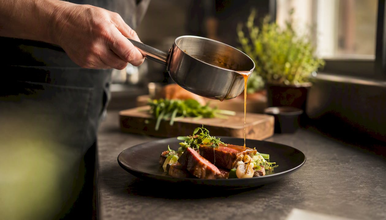 Lo chef rifinisce il piatto aggiungendo con cura la salsa.