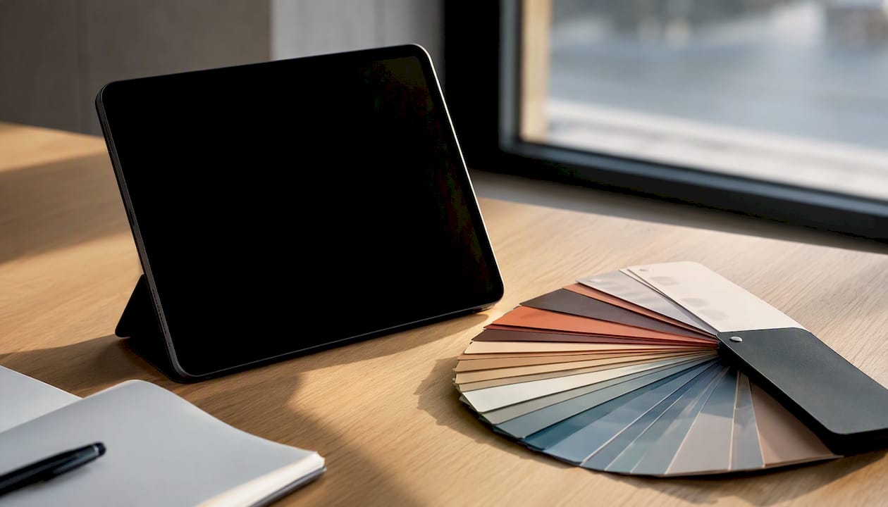 Campioni di stampa e tablet appoggiati sulla scrivania