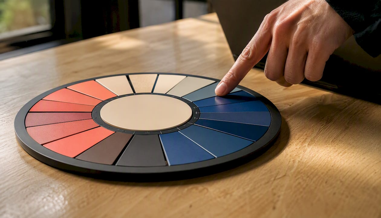 Una mano indica le tonalità di una ruota dei colori, sottolineando l’armonia cromatica.