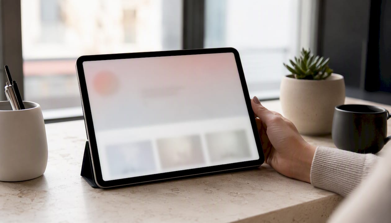 Tablet che mostra un sito web dal design pulito ed essenziale