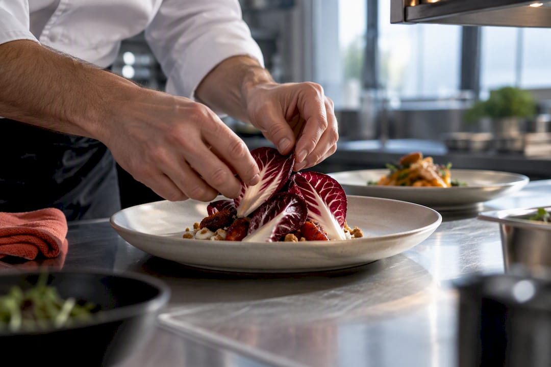 Lo chef prepara un piatto a base di radicchio