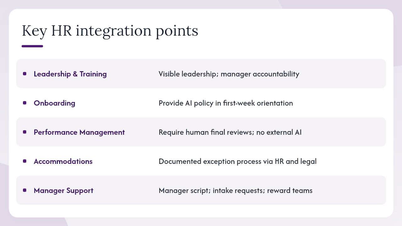 How should leaders integrate this policy into culture and HR practice? — overview diagram