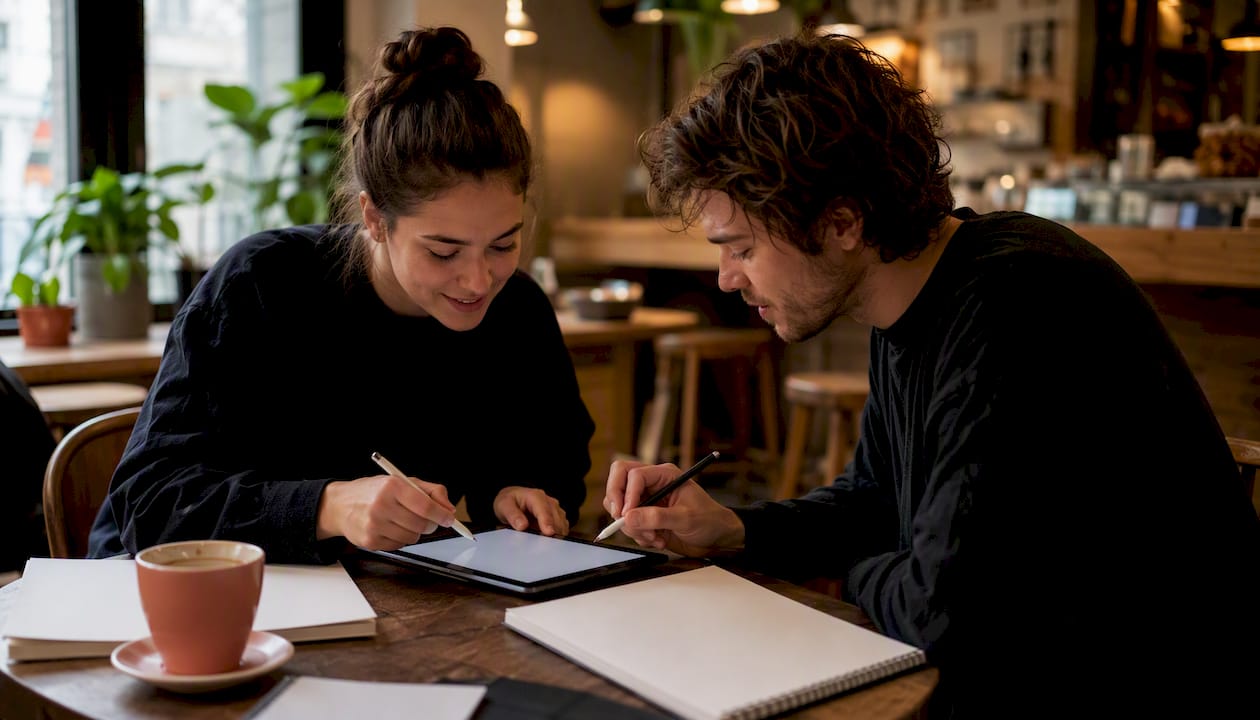 Designers sketching media kit templates collaboratively