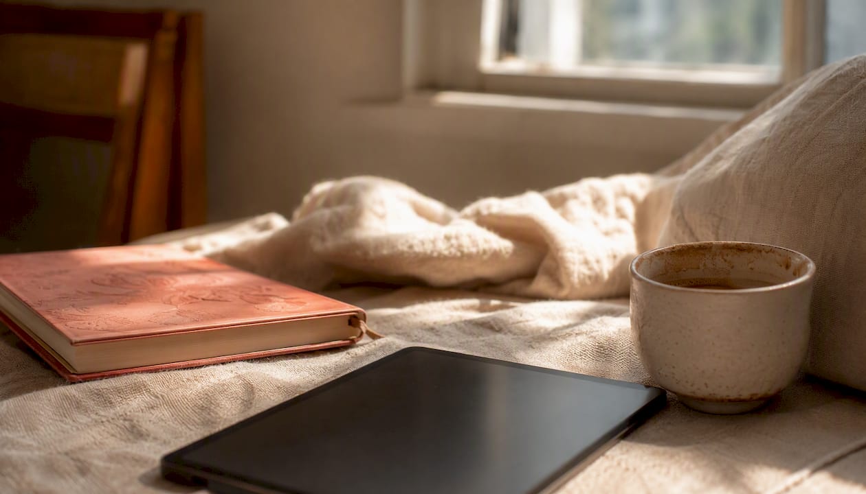 Creative workspace with notebook and cup