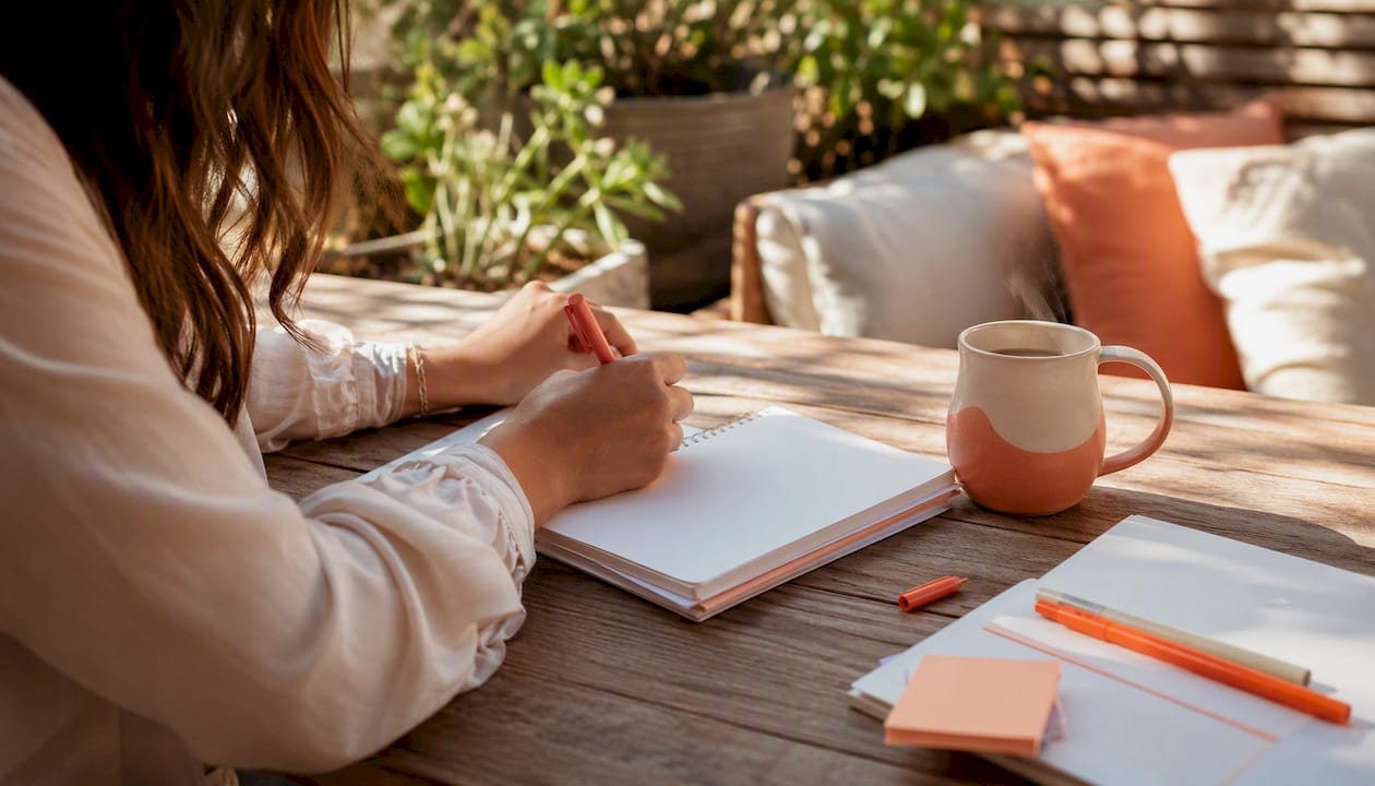 Hand writing campaign notes in warm workspace