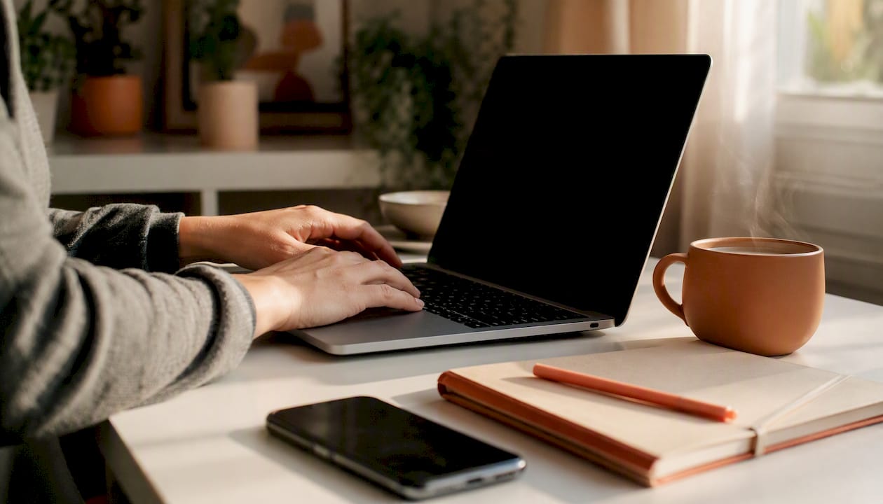 Hands typing influencer brief on laptop