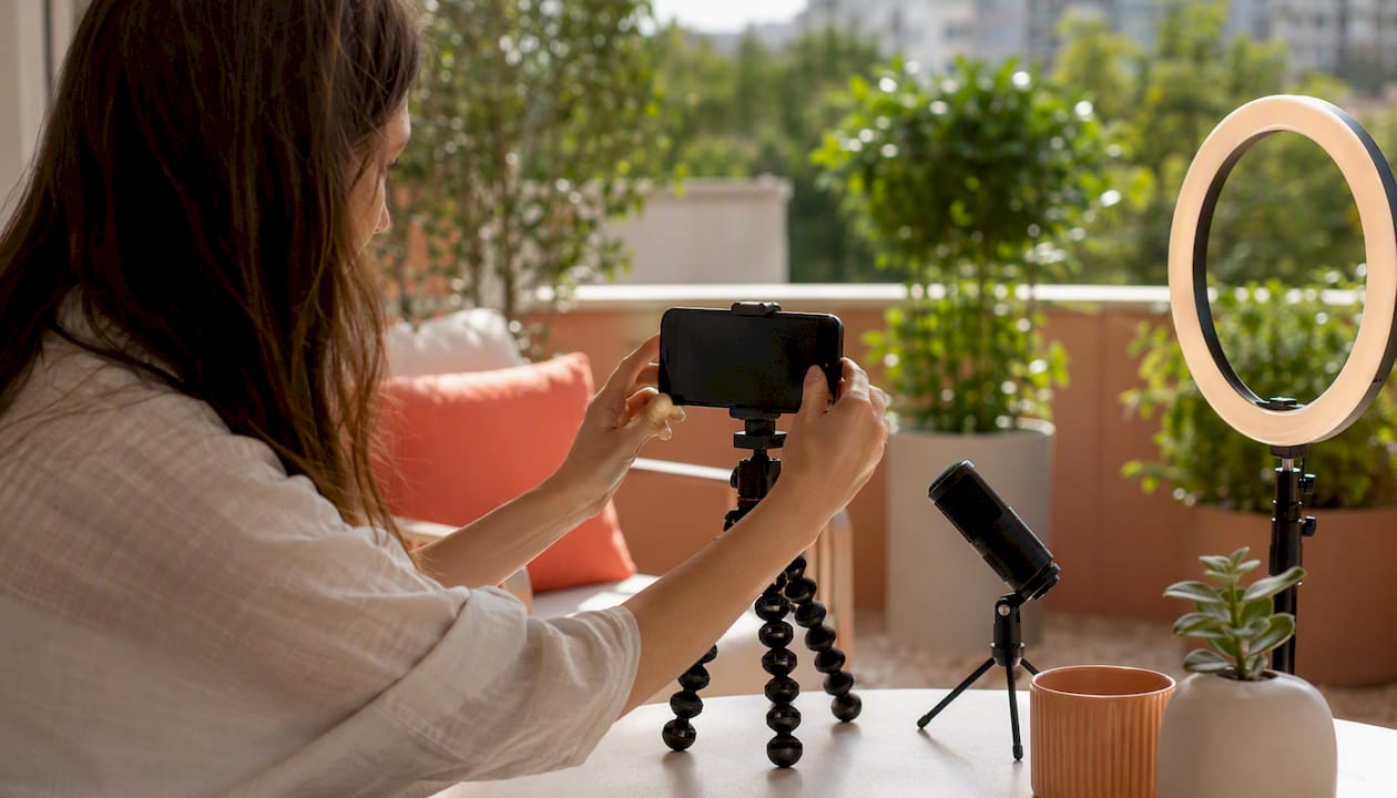 Hands adjusting phone tripod for video shoot