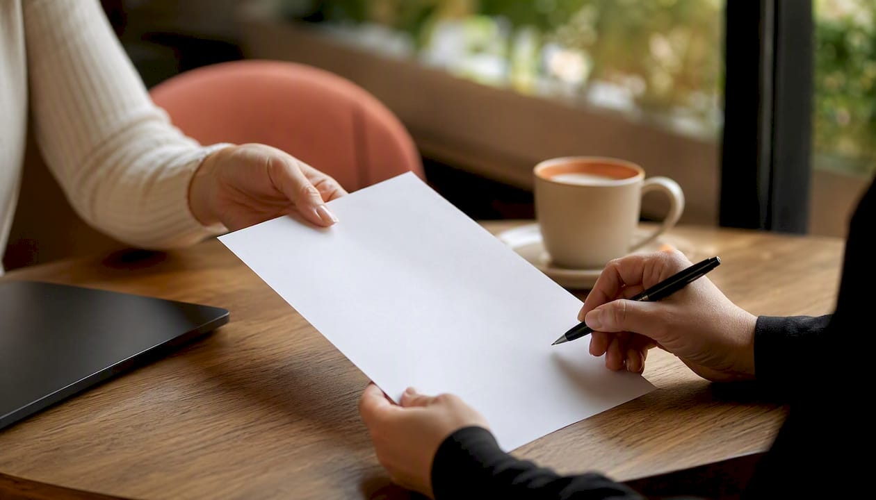 Hands exchanging influencer contract to sign