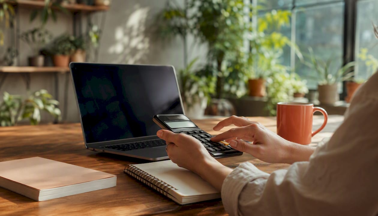 Hands using calculator for budget planning