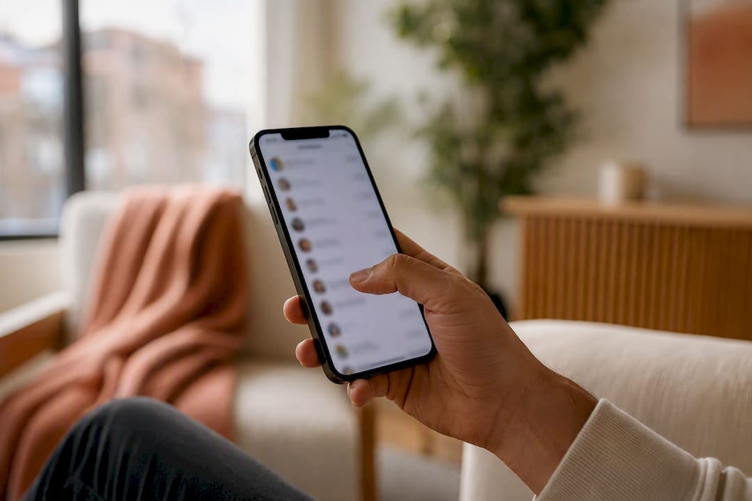 Hand scrolling social media follower list on smartphone