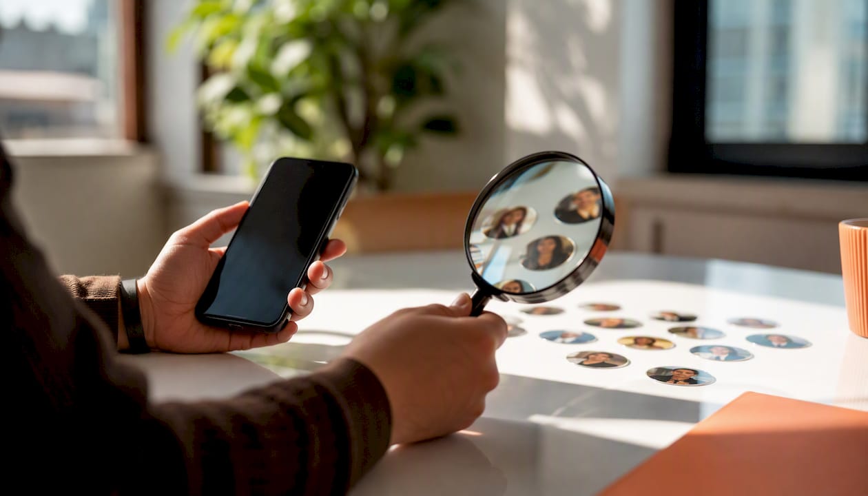 Hands inspecting social media followers with magnifying glass