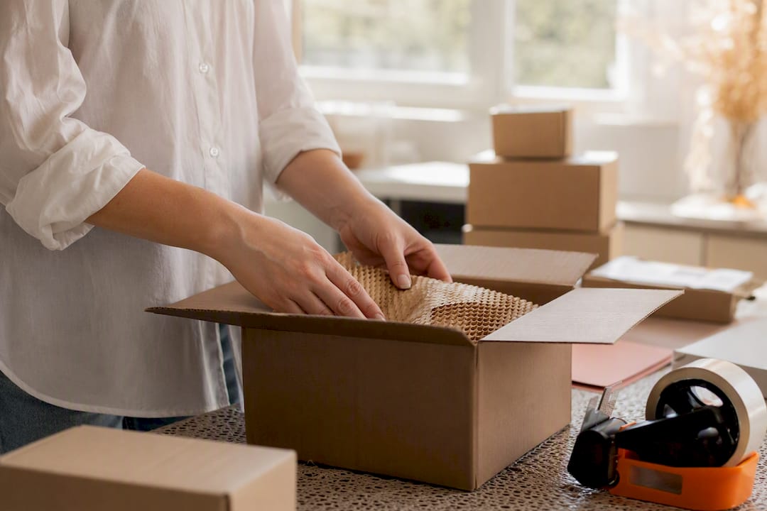 Hands packing influencer product for shipping