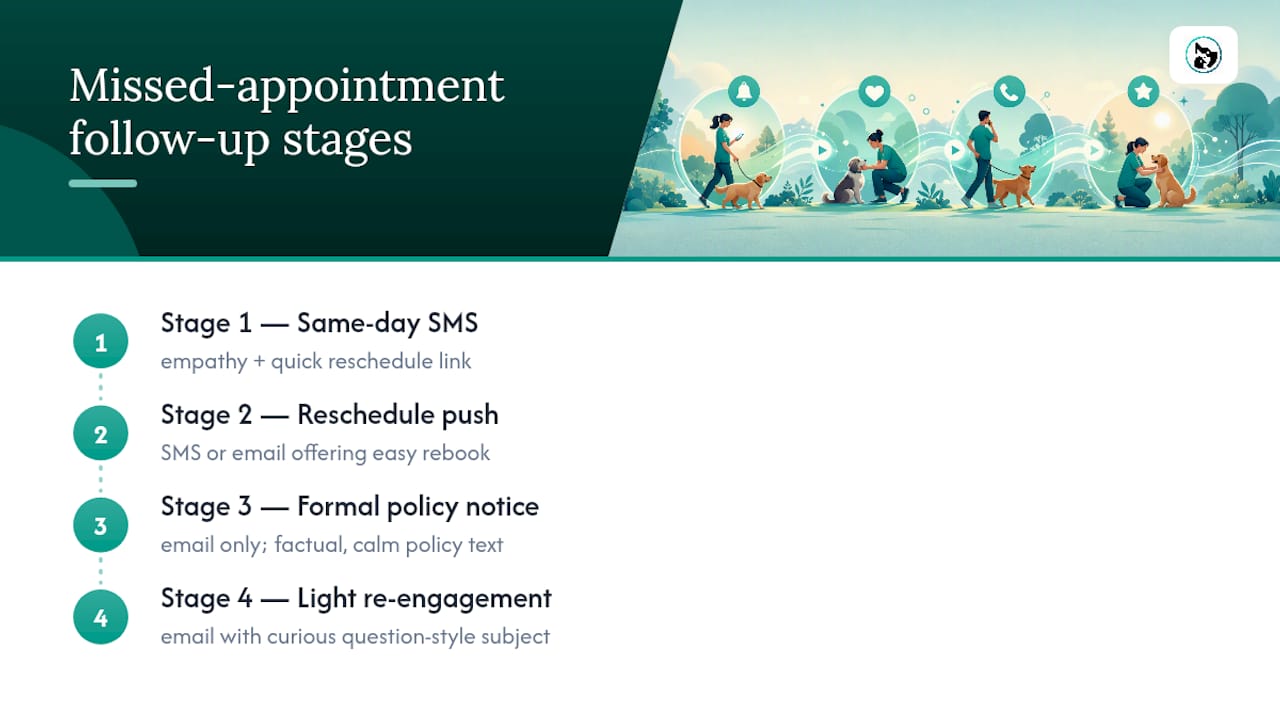 Copy-ready SMS and email scripts for every stage — overview diagram