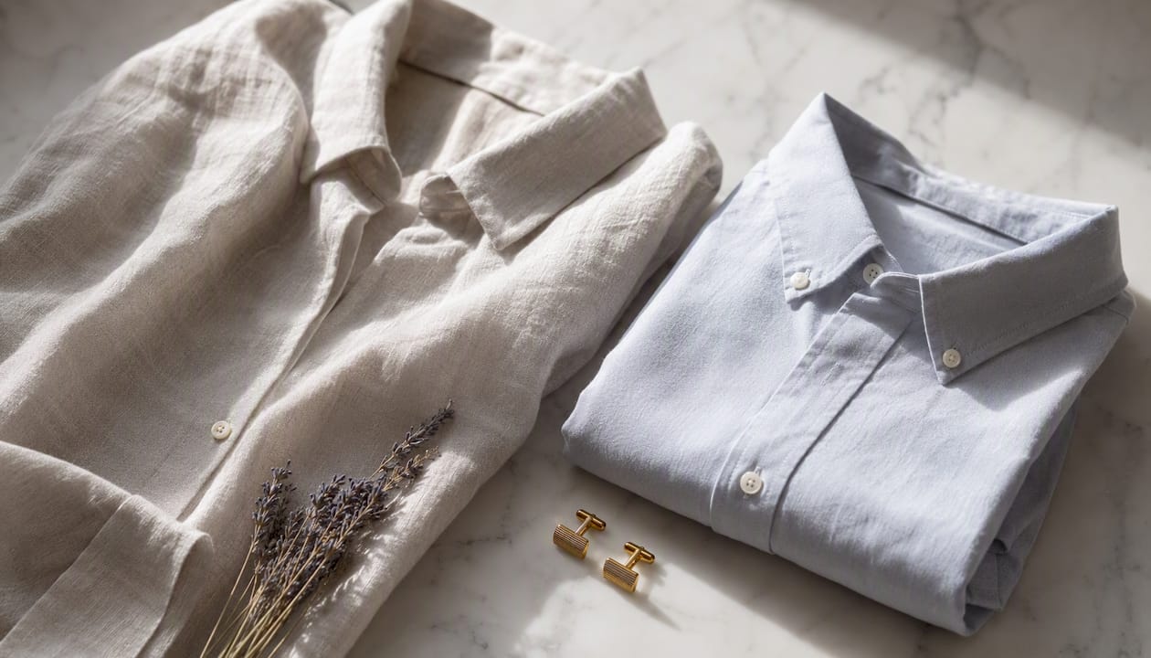 Flat lay of folded linen and cotton summer shirts
