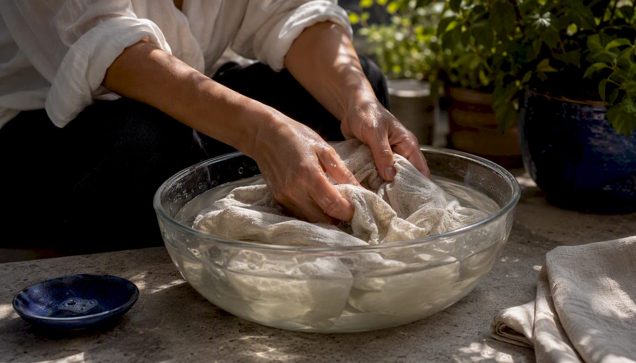 Hands washing linen fabric in basin