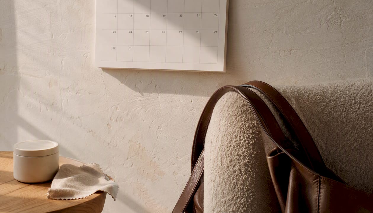 Leather bag handle beside calendar arrangement