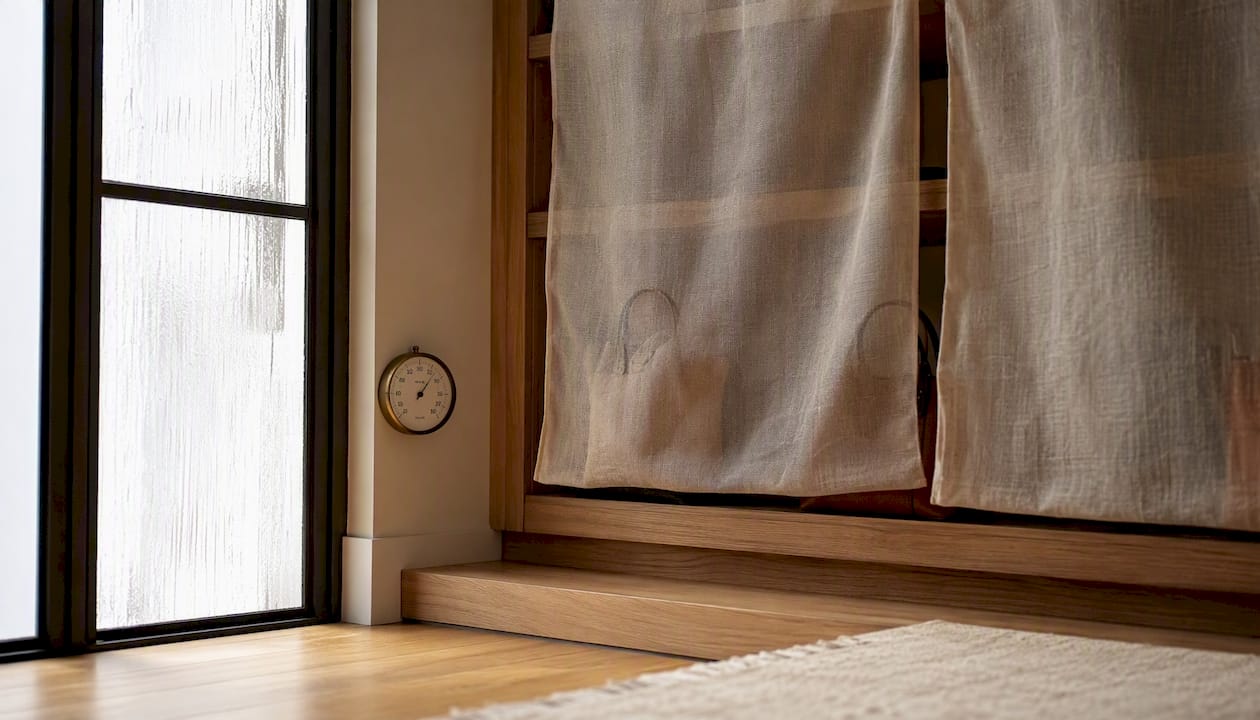 Closet corner with linen storage covers and hygrometer