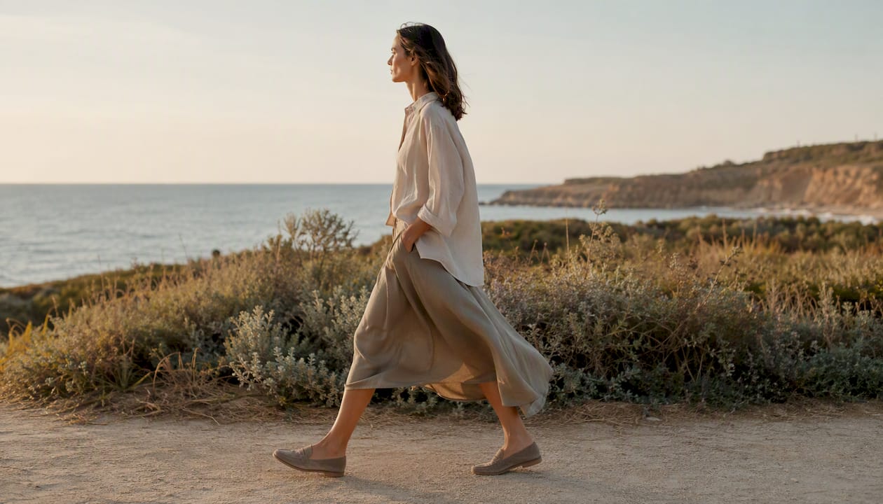 Woman walking in soft suede loafers and midi skirt
