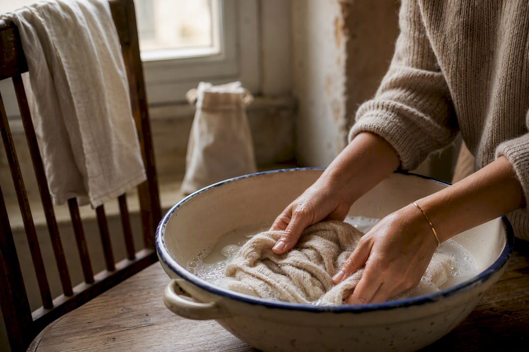Hands hand-washing merino wool sweater