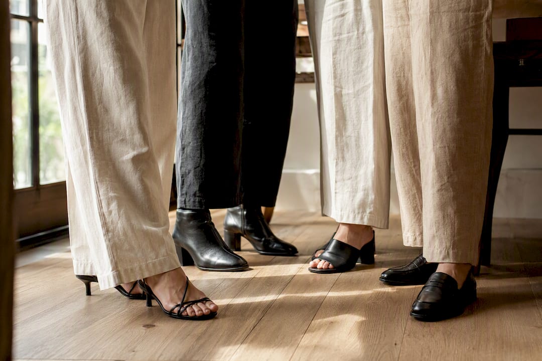 Varied shoes styled with linen pants ankles